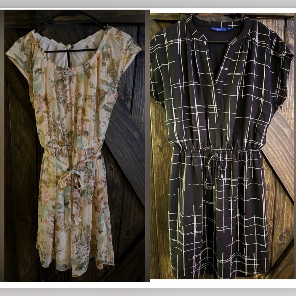 LC Lauren Conrad Cream Floral and Appt 9 Black Grid Midi Dresses